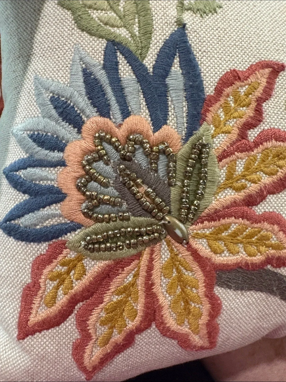 Pier 1 Embroidered and beaded Floral Accent Pillow - Multicolor on Cream fall
